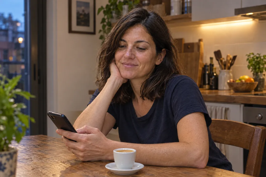 Risponde a un ospite dal telefono, in cucina